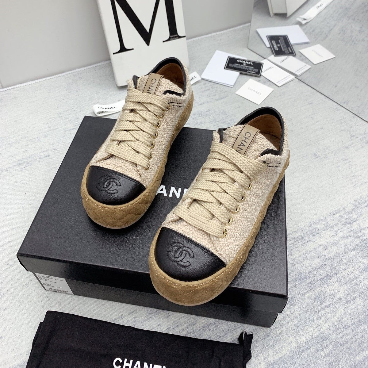 CC 26s Platform Sneakers Beige Black Boucle Calfskin 160118