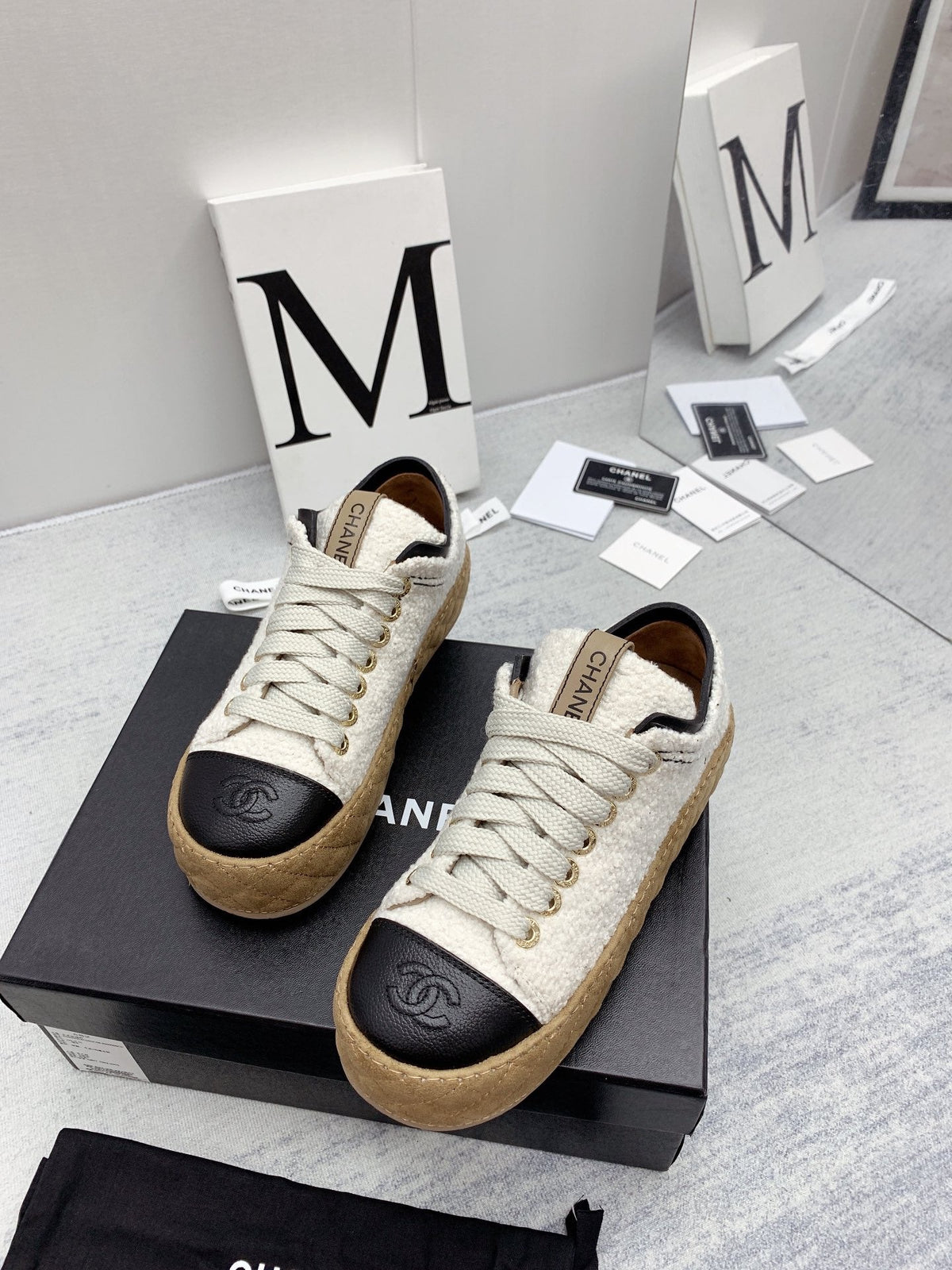 CC 26s Platform Sneakers Ivory Black Boucle Calfskin 160124