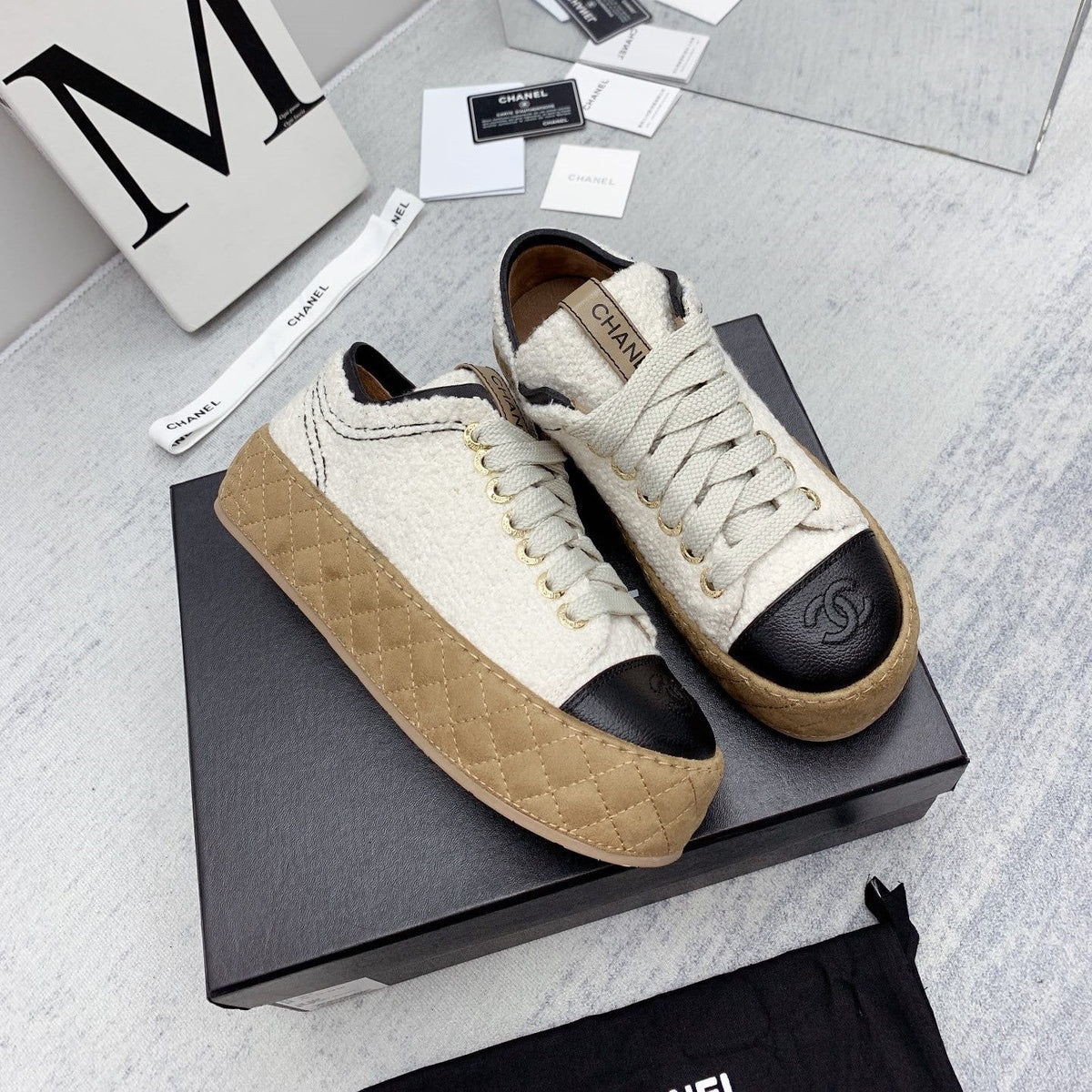 CC 26s Platform Sneakers Ivory Black Boucle Calfskin 160124