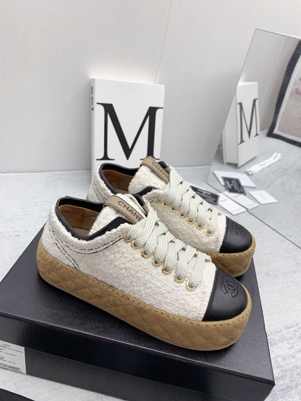 CC 26s Platform Sneakers Ivory Black Boucle Calfskin 160124