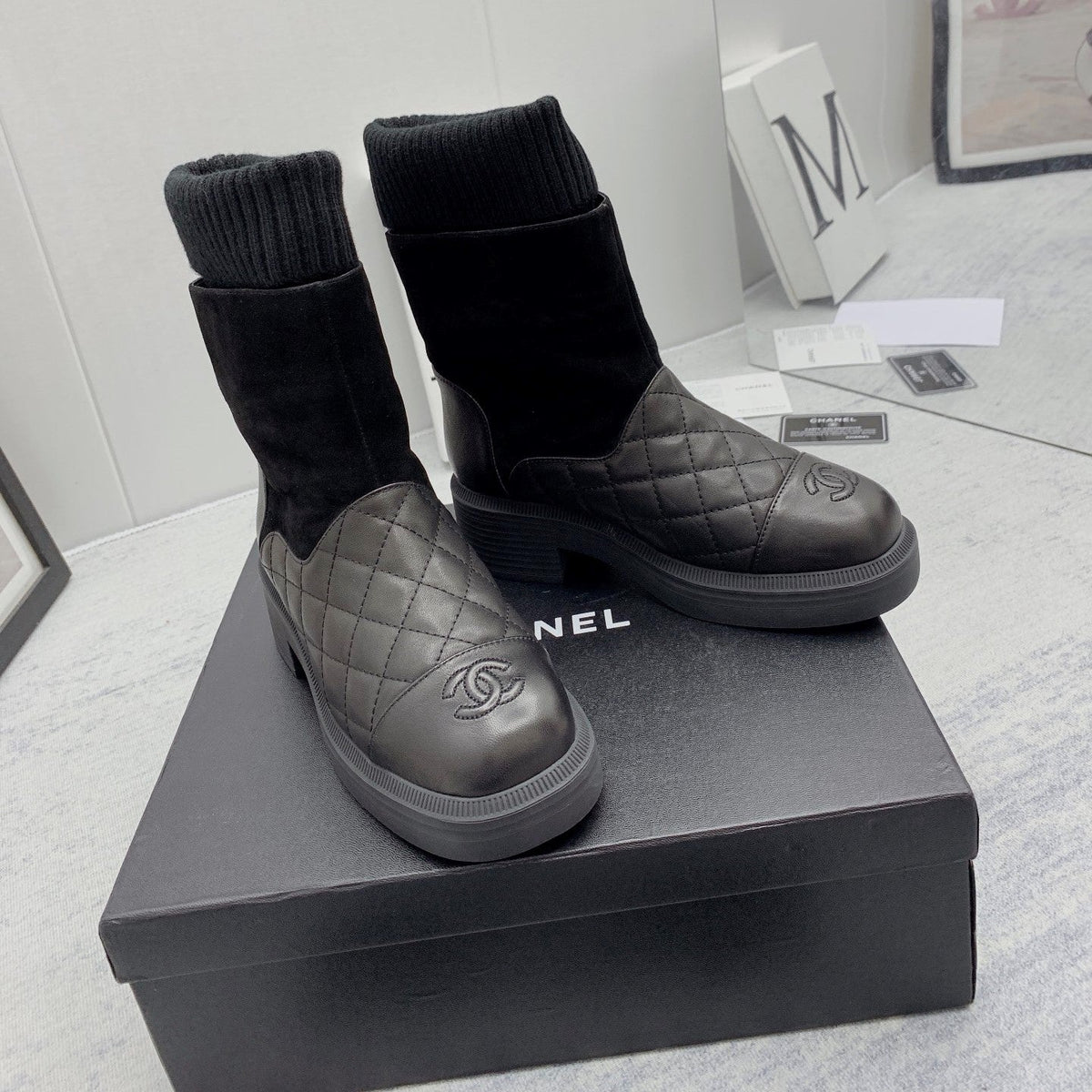 CC 26s Sock Boots Black Quilted Leather Suede 160126