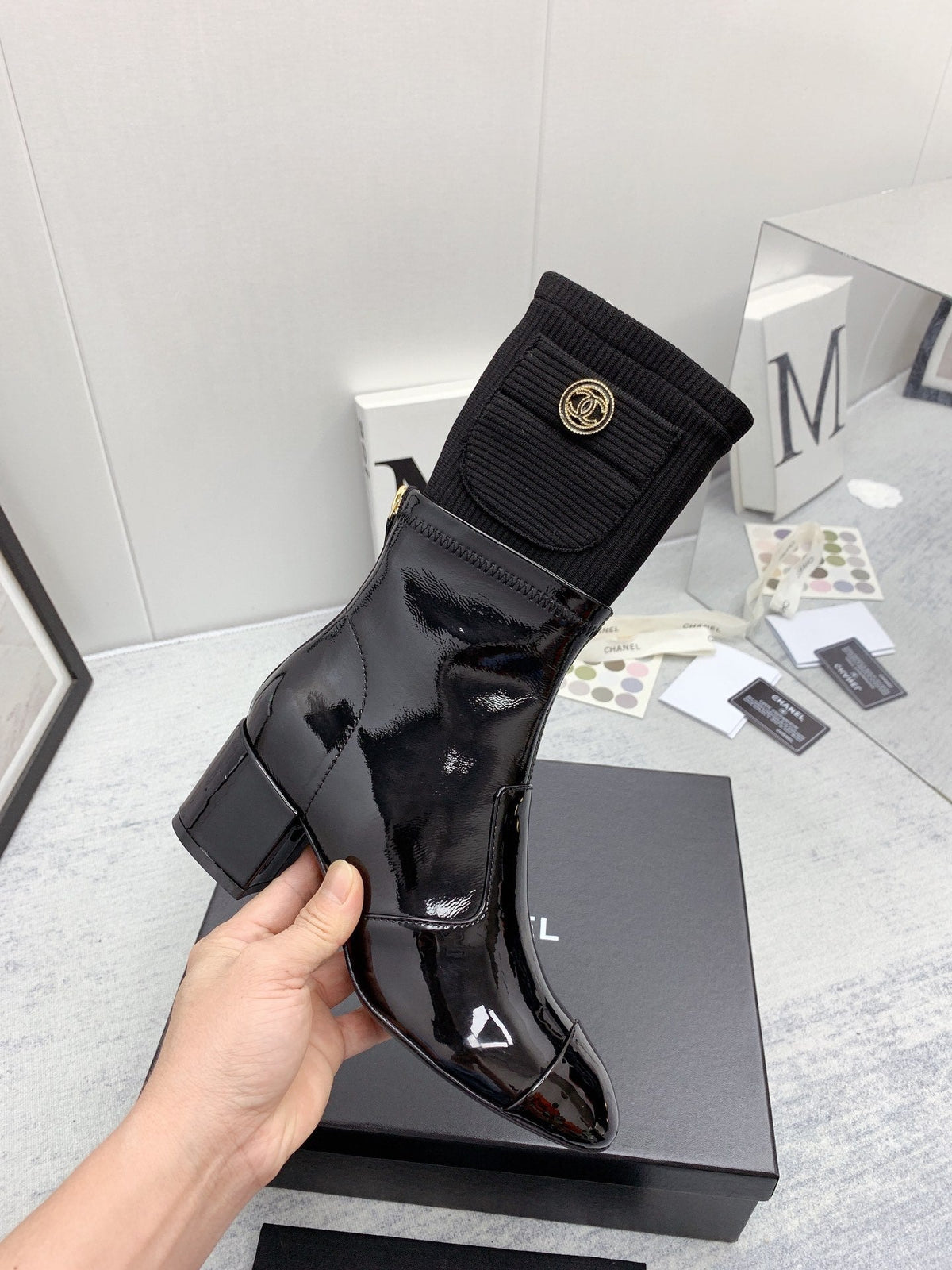 CC 26s Knit Boots Black Patent Leather Knit 160127