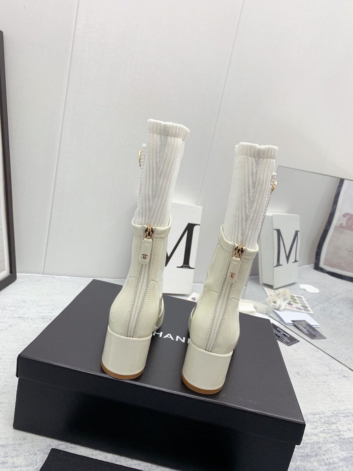 CC 26s Knit Boots Ivory Patent Leather Knit 160128