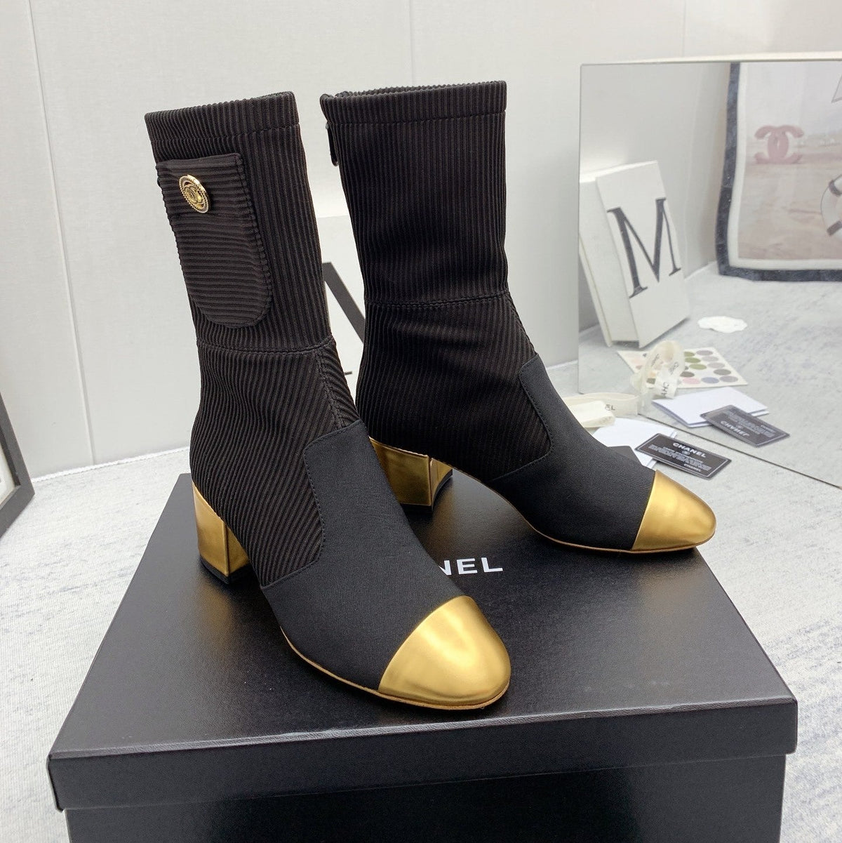 CC 26s Knit Boots Black Silver Calfskin Metallic Leather 160130