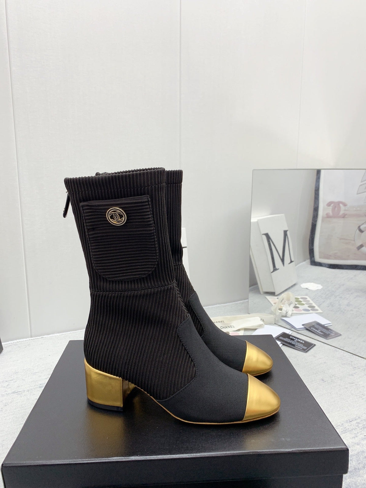 CC 26s Knit Boots Black Silver Calfskin Metallic Leather 160130