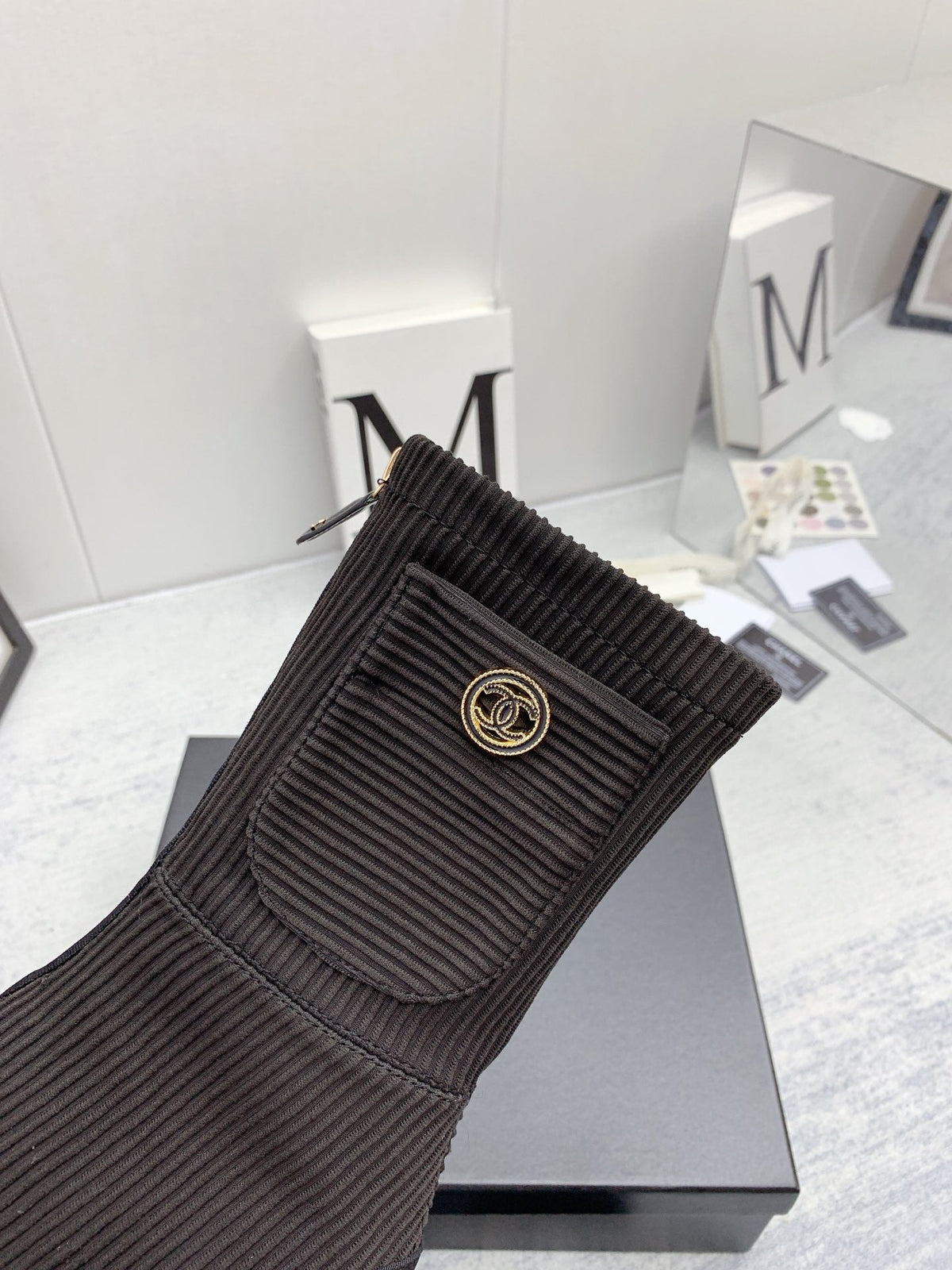 CC 26s Knit Boots Black Silver Calfskin Metallic Leather 160130