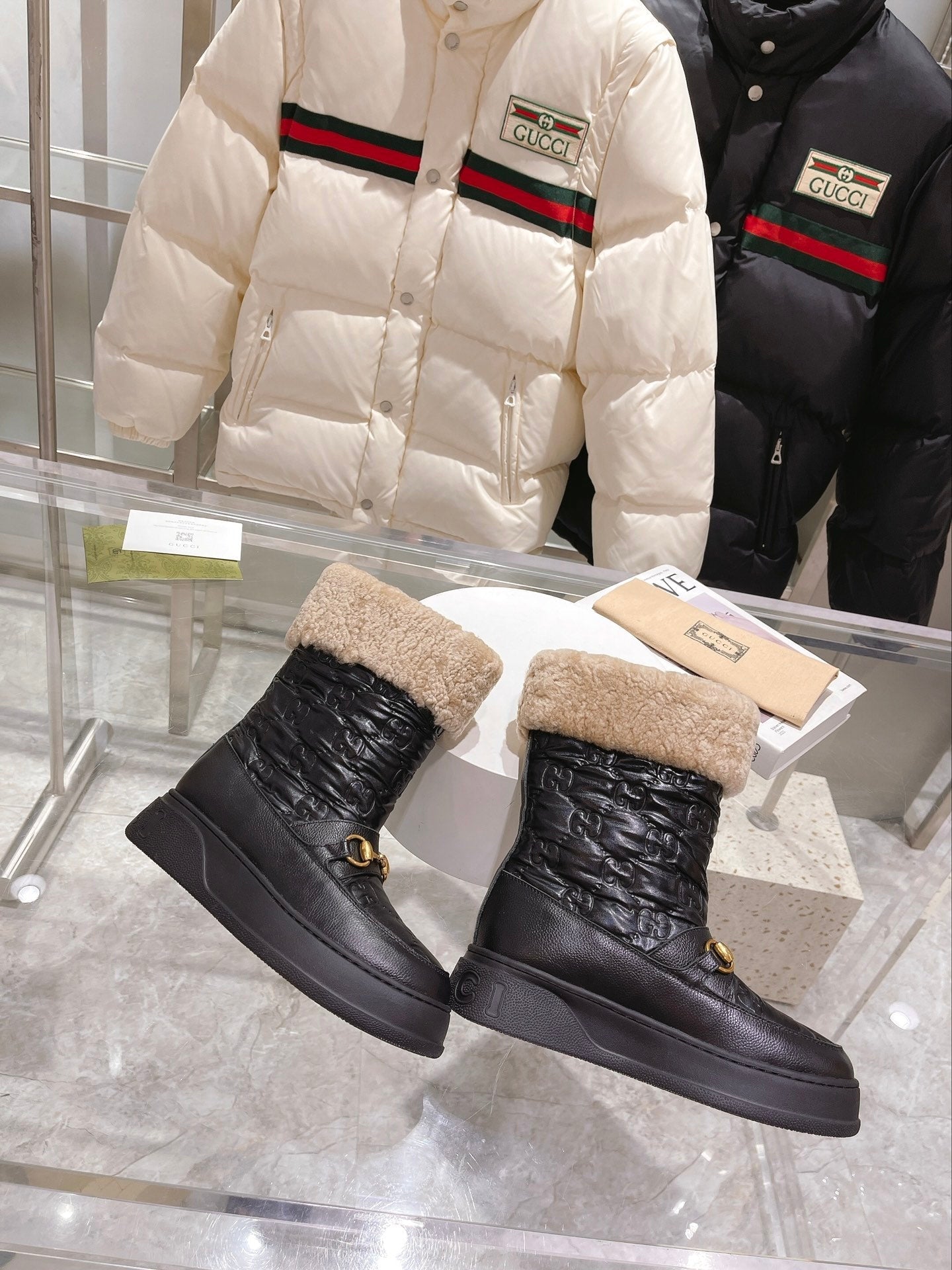 Gucci 2025 Monogram Boot Black Beige Wool Calfskin 564686