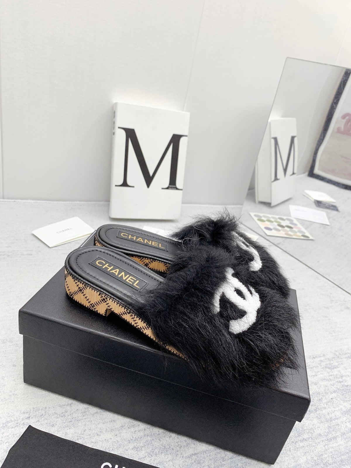 CC 26s Fur Mules Black White Tweed 160133