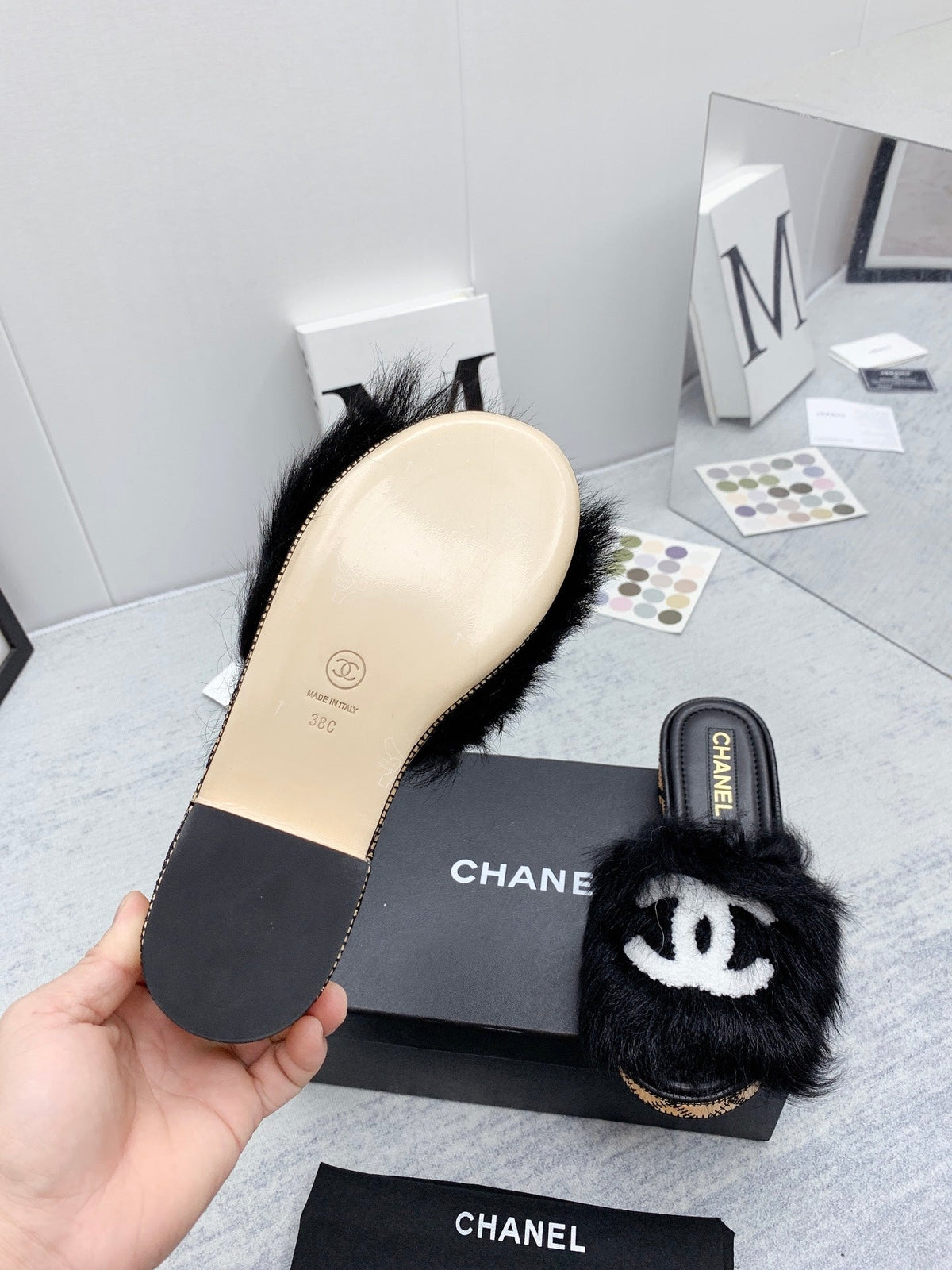 CC 26s Fur Mules Black White Tweed 160133
