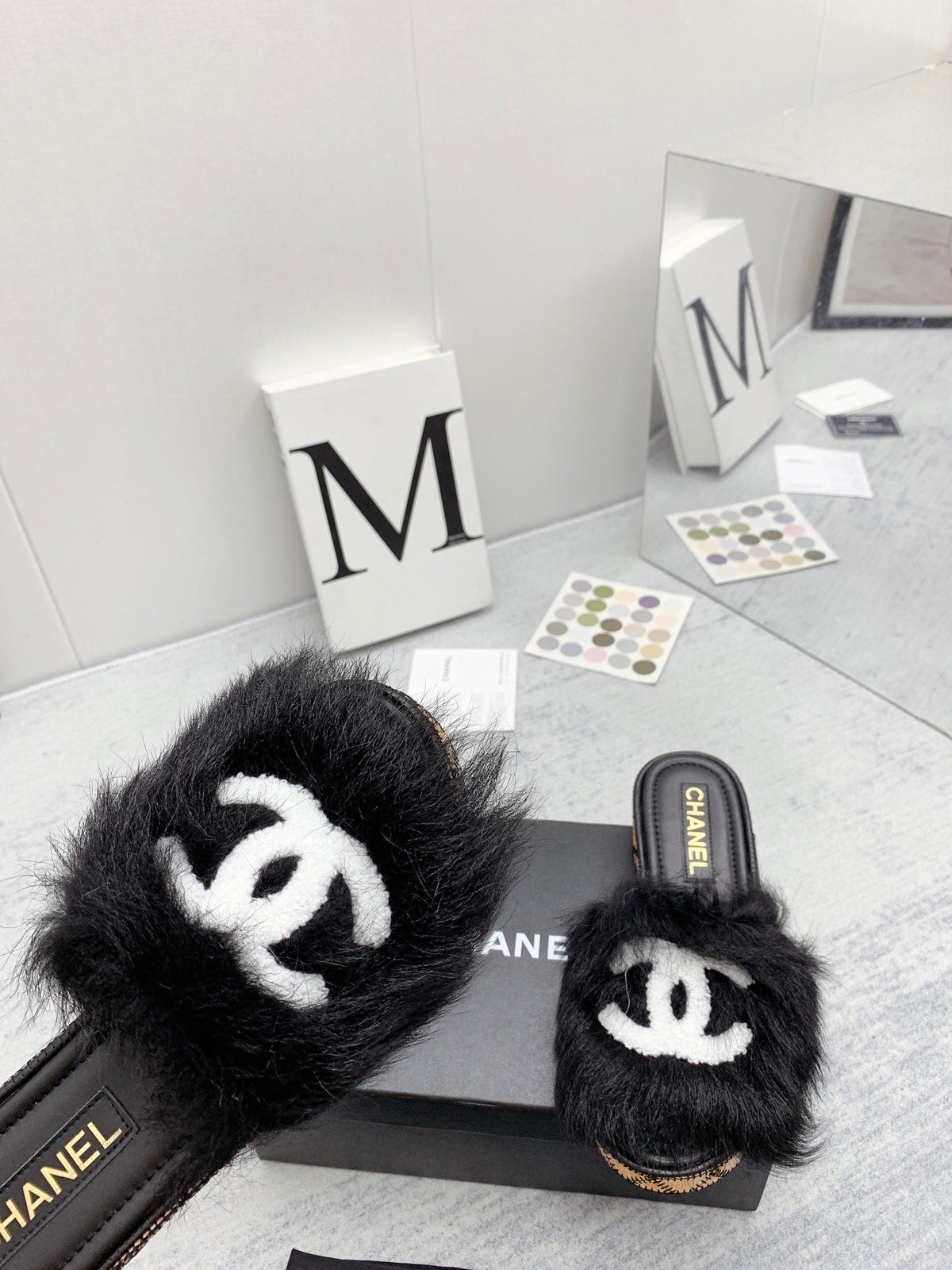 CC 26s Fur Mules Black White Tweed 160133