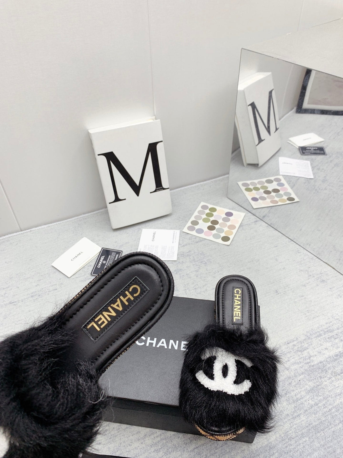 CC 26s Fur Mules Black White Tweed 160133