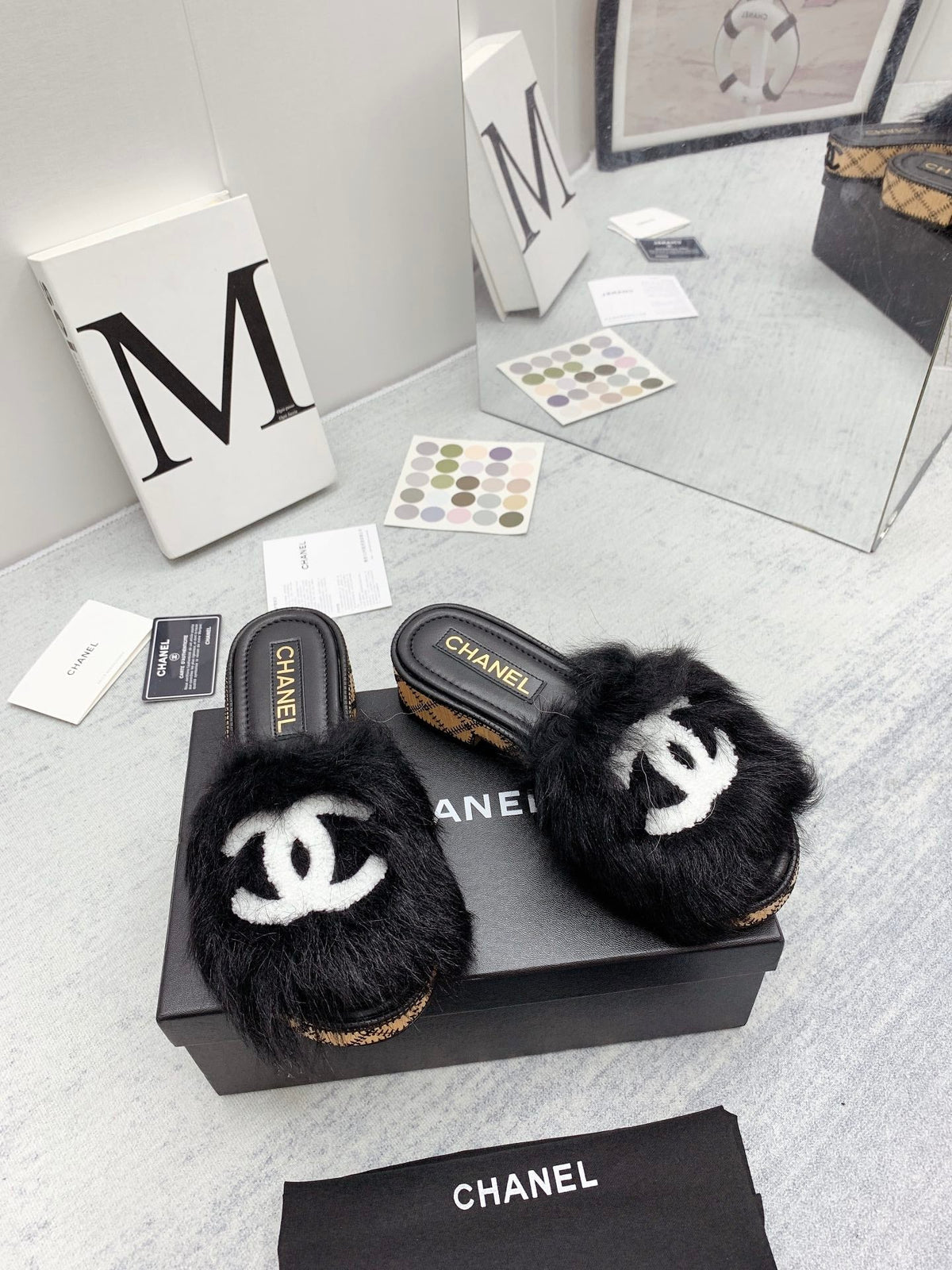 CC 26s Fur Mules Black White Tweed 160133
