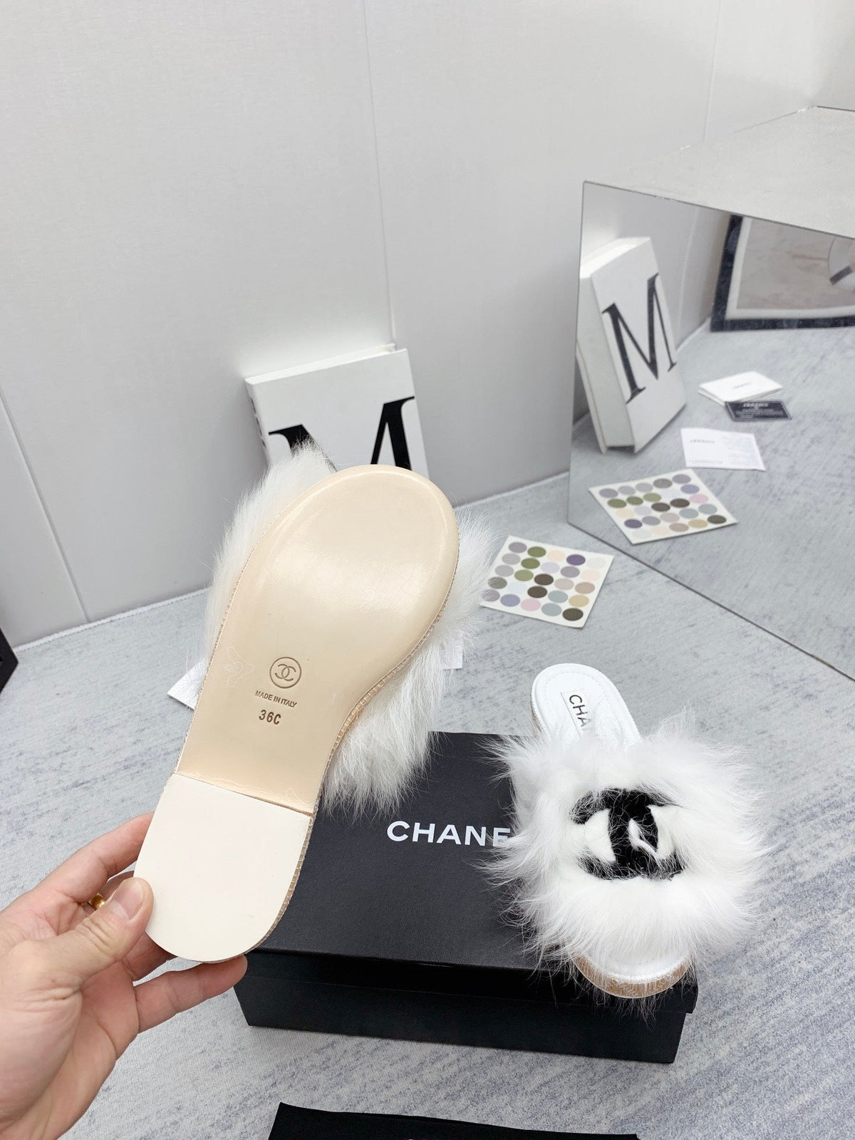 CC 26s Fur Mules White Black Tweed 160134