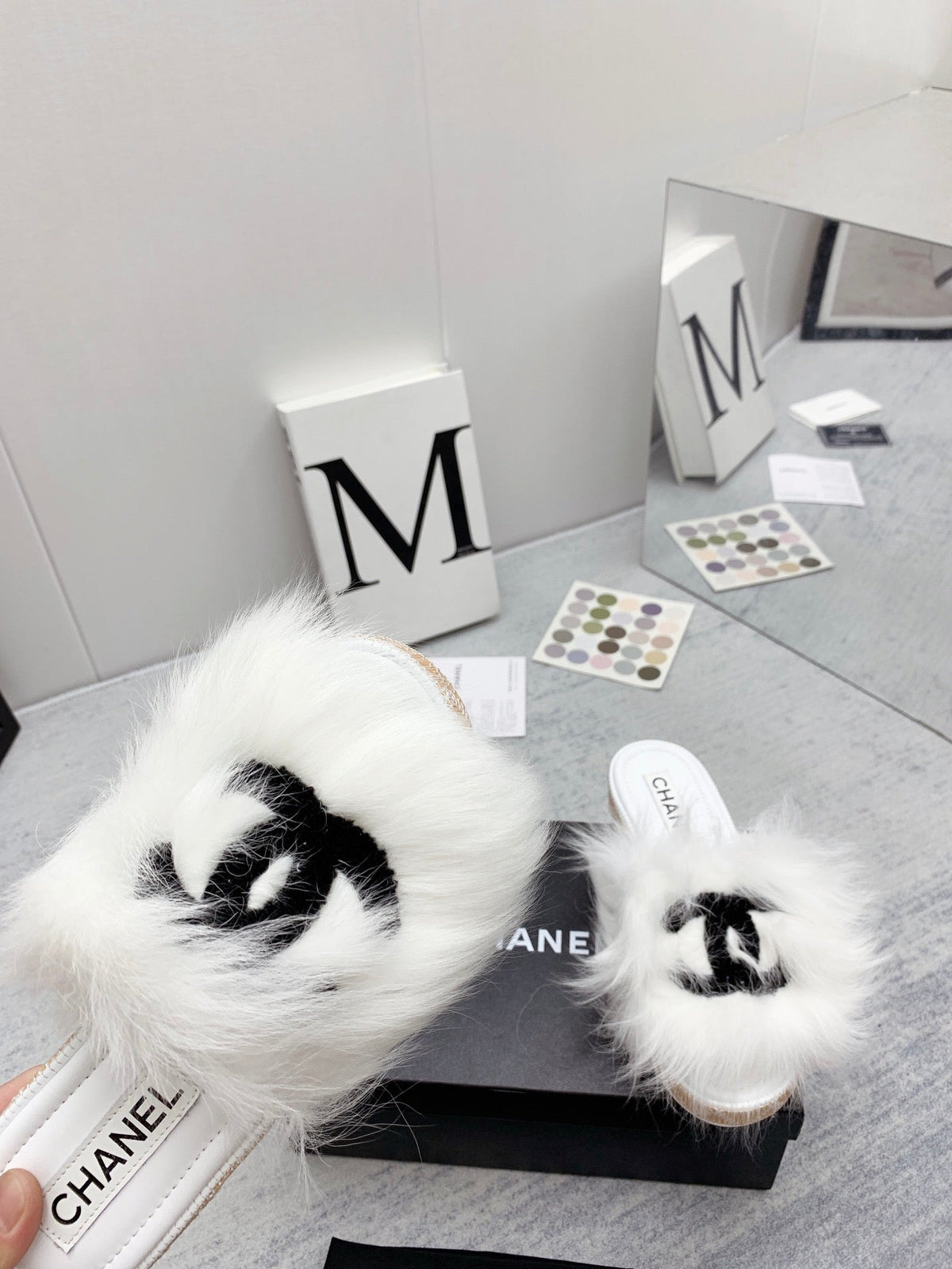CC 26s Fur Mules White Black Tweed 160134
