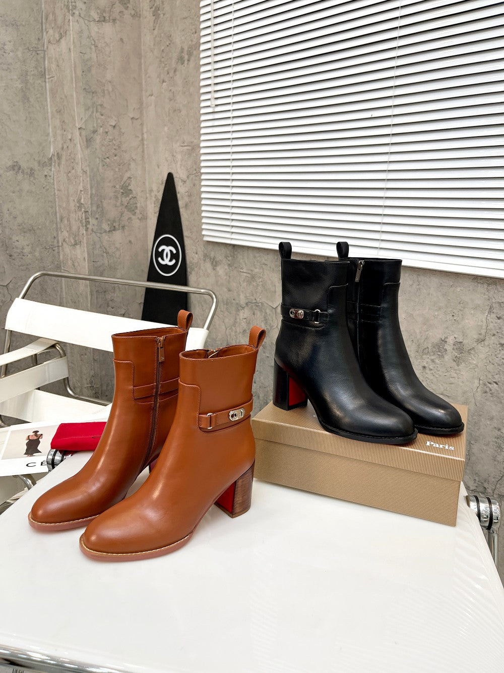 CL Turn-Lock Buckle Red Sole Booties Brown Calfskin 521439