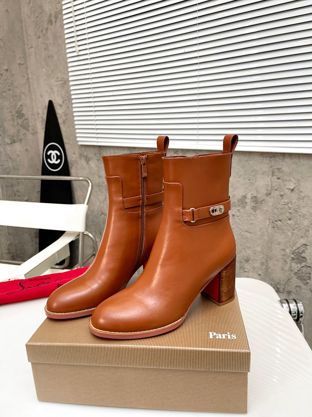 CL Turn-Lock Buckle Red Sole Booties Brown Calfskin 521439