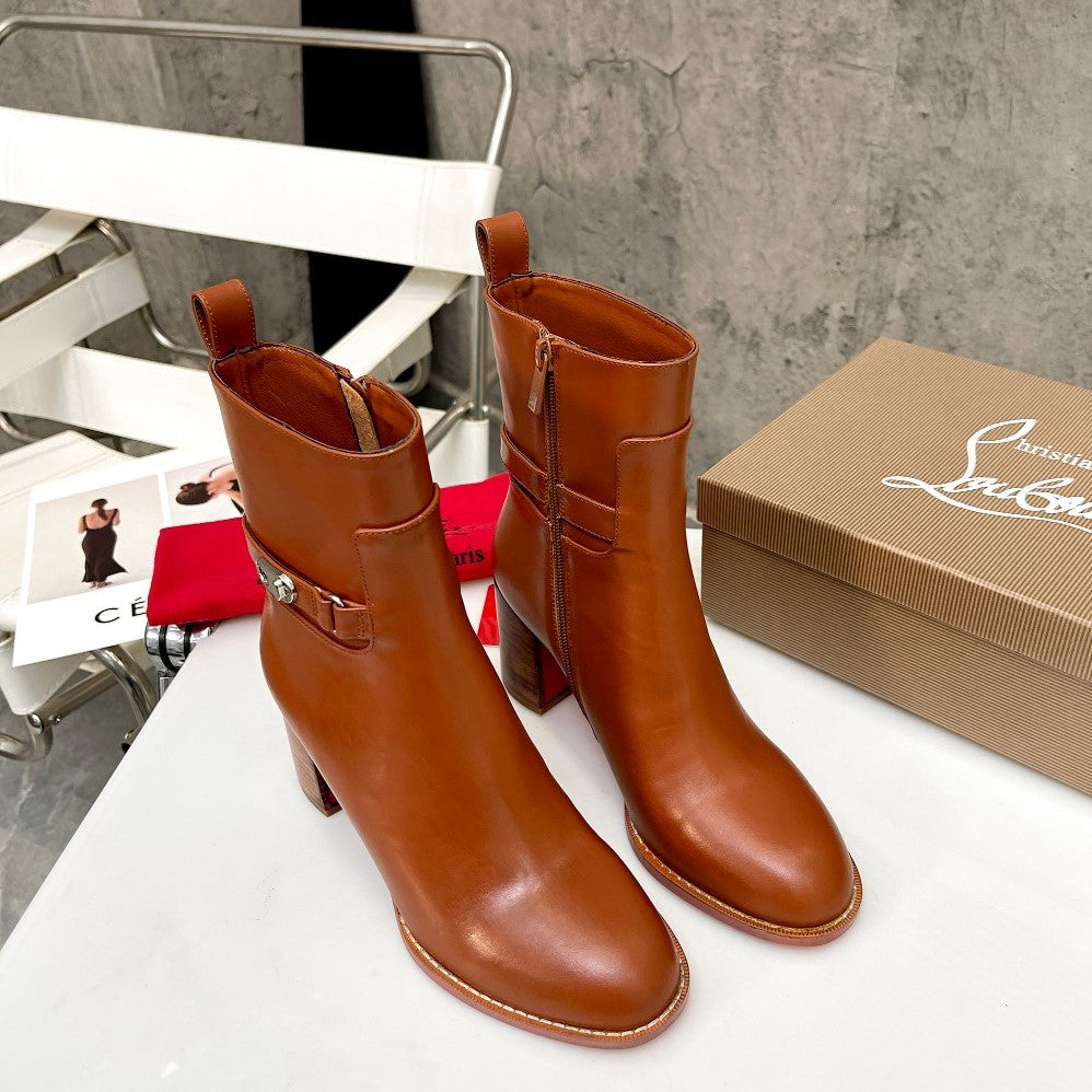 CL Turn-Lock Buckle Red Sole Booties Brown Calfskin 521439