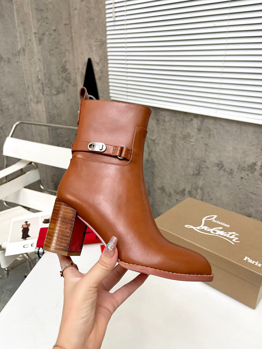 CL Turn-Lock Buckle Red Sole Booties Brown Calfskin 521439