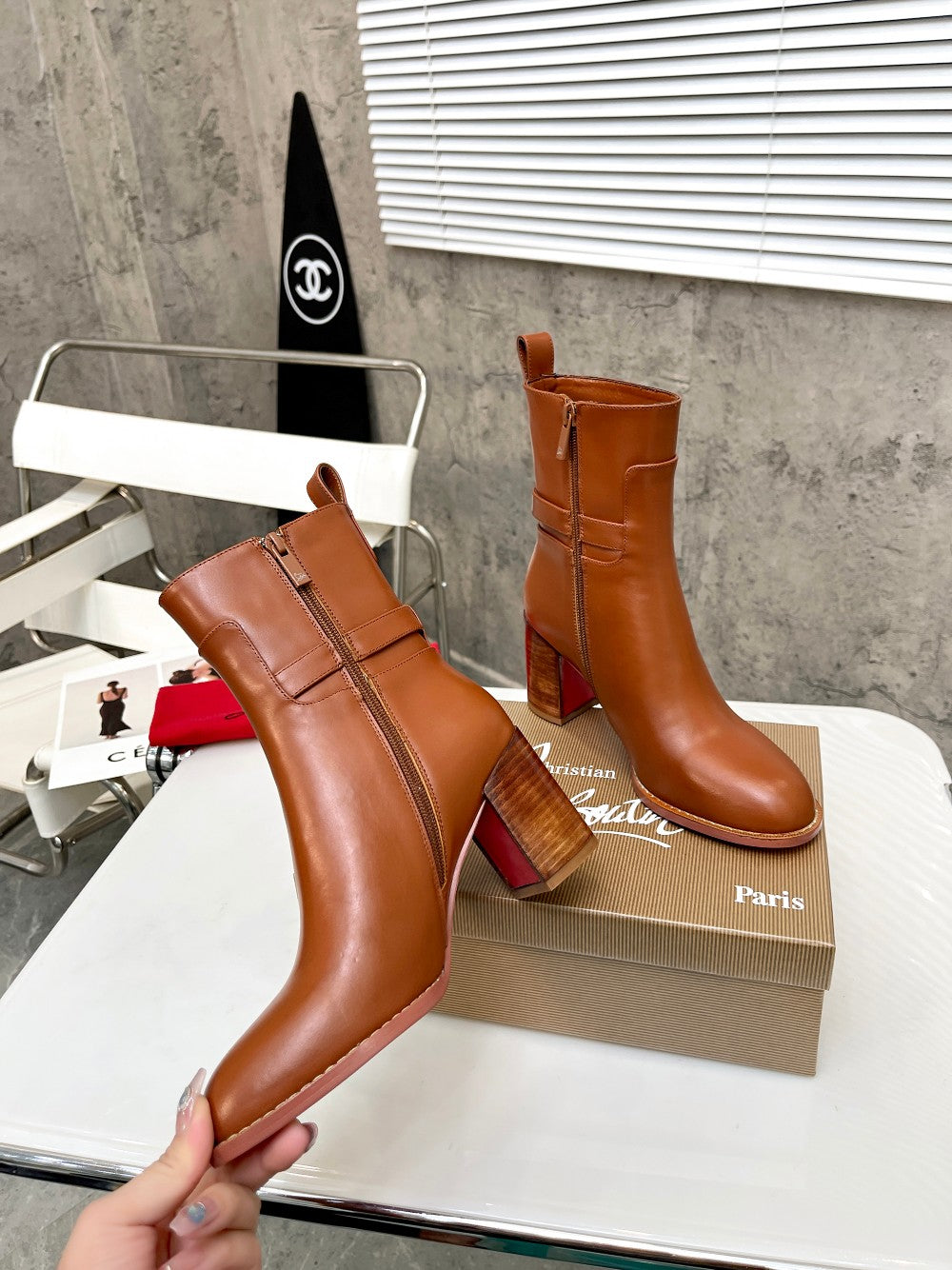 CL Turn-Lock Buckle Red Sole Booties Brown Calfskin 521439