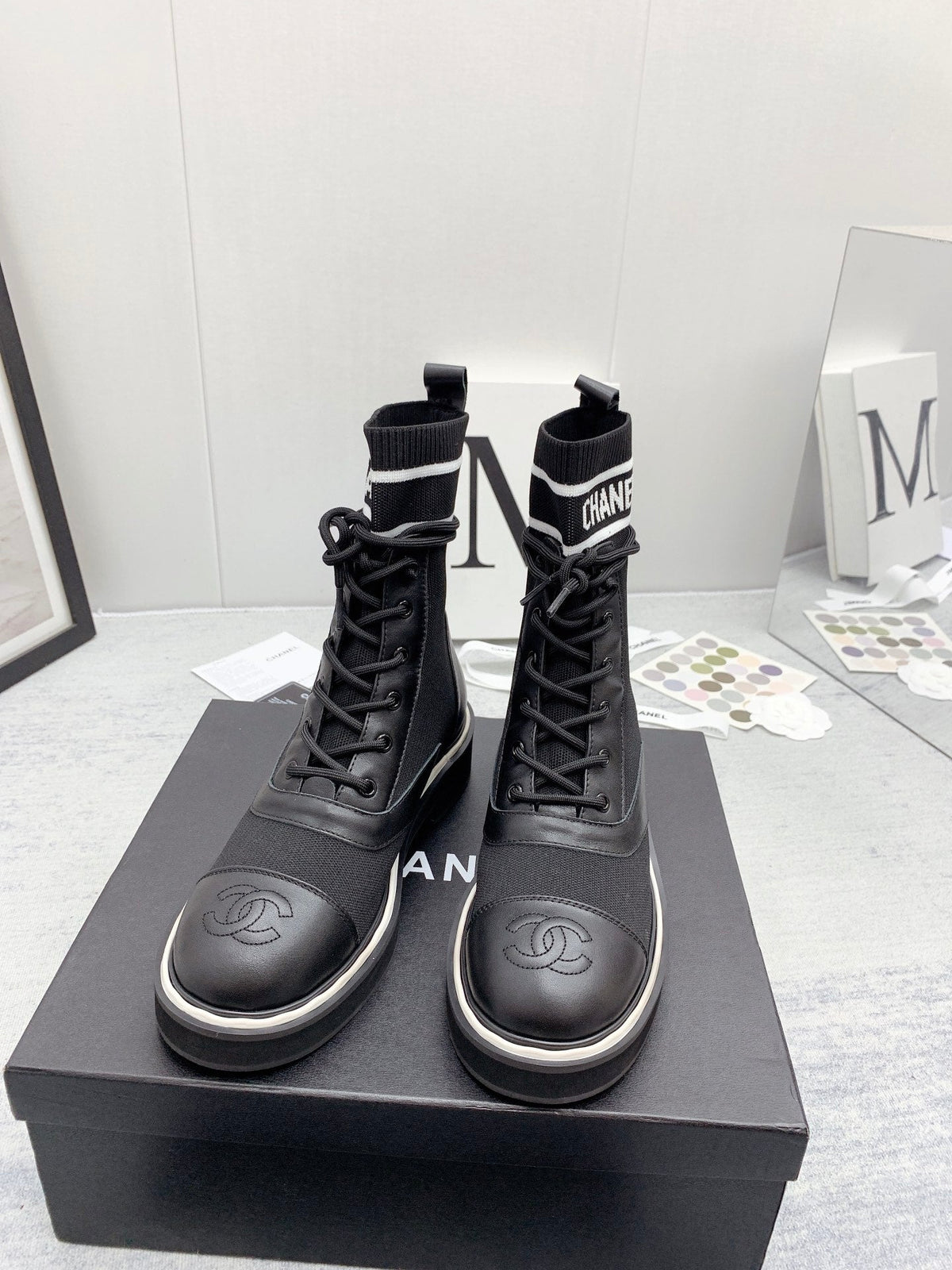 CC 26s Lace Up Combat Boots Black Denim Calfskin 160136