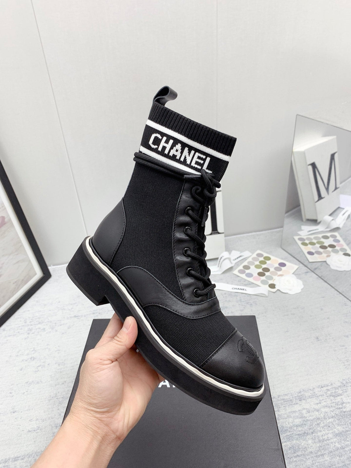 CC 26s Lace Up Combat Boots Black Denim Calfskin 160136