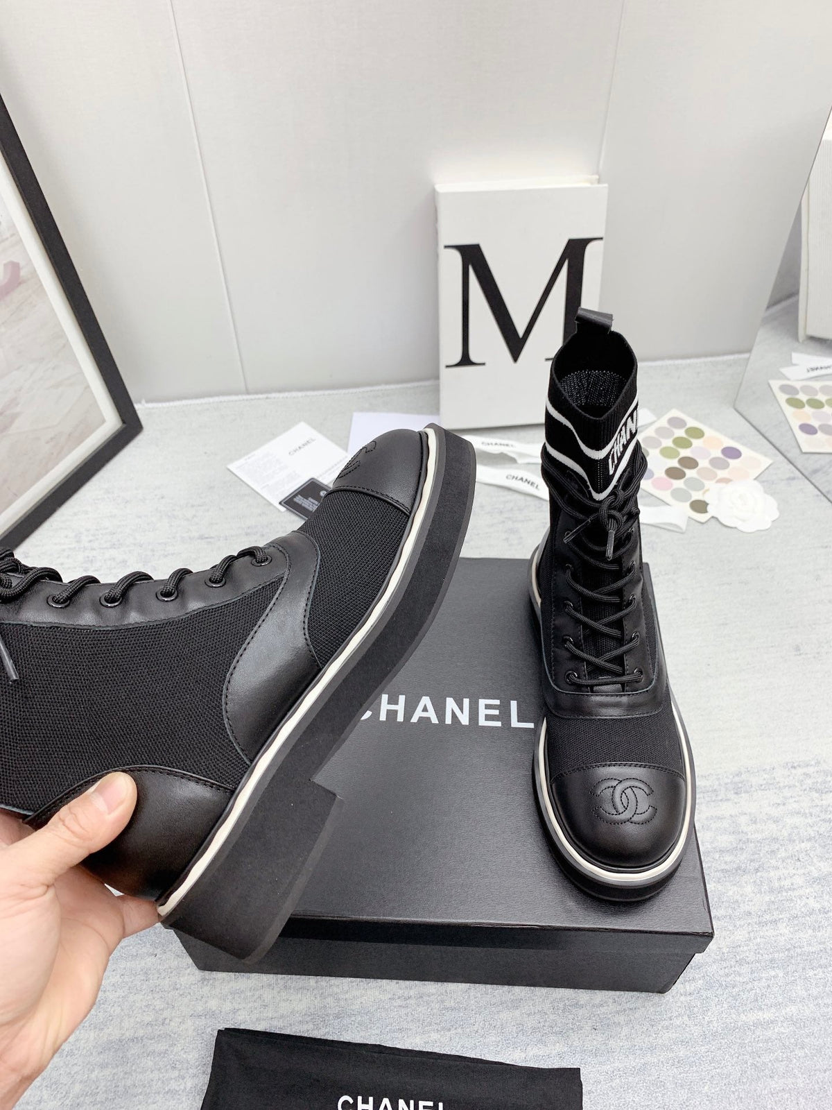 CC 26s Lace Up Combat Boots Black Denim Calfskin 160136