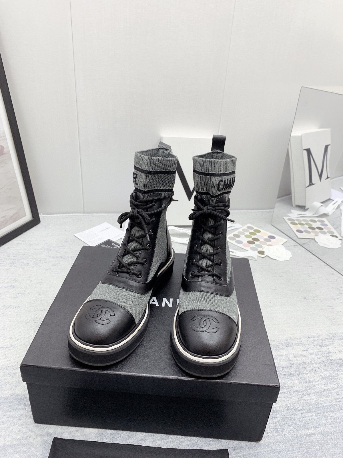 CC 26s Lace Up Combat Boots Grey Black Denim Calfskin 160139