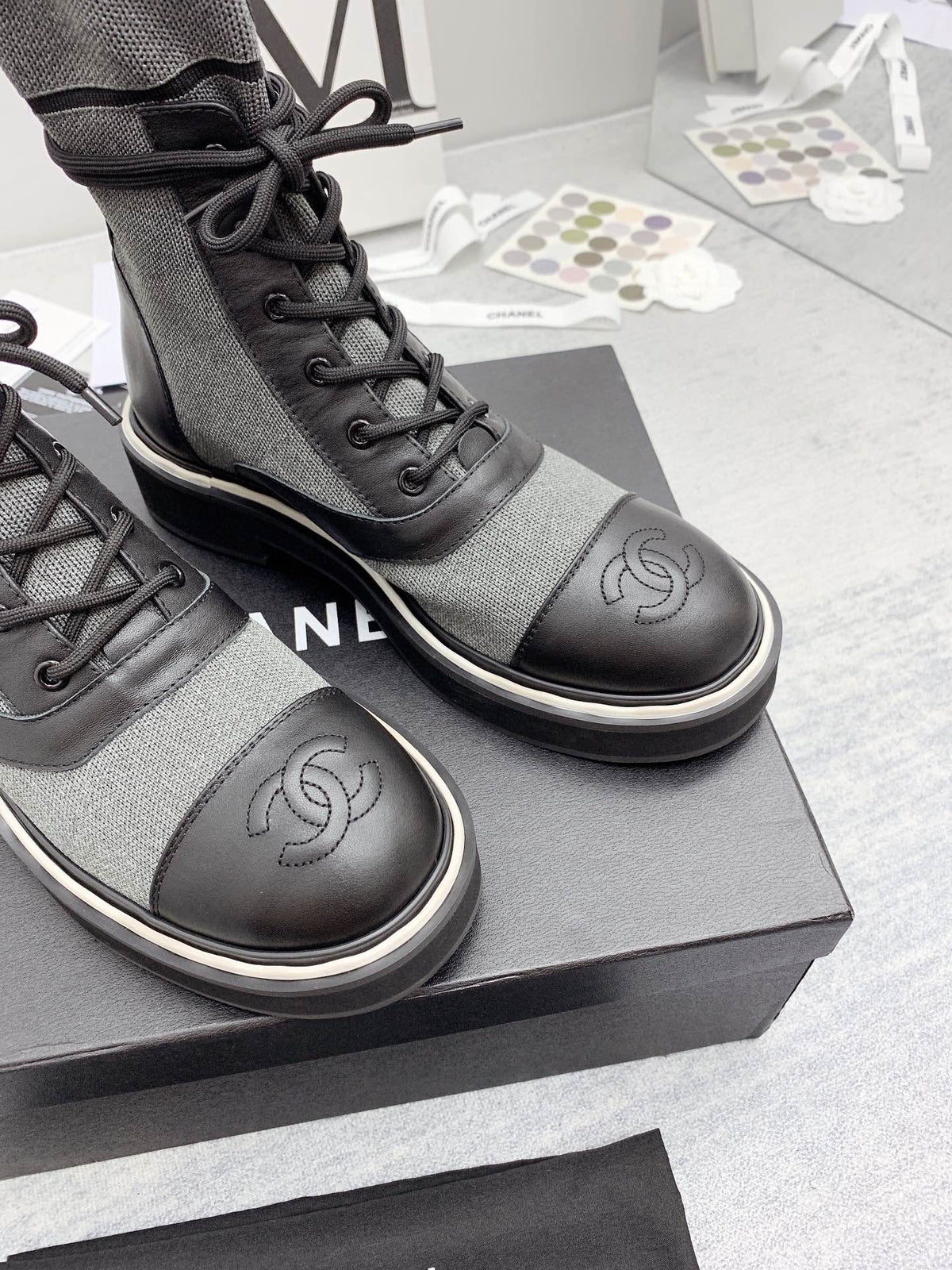 CC 26s Lace Up Combat Boots Grey Black Denim Calfskin 160139