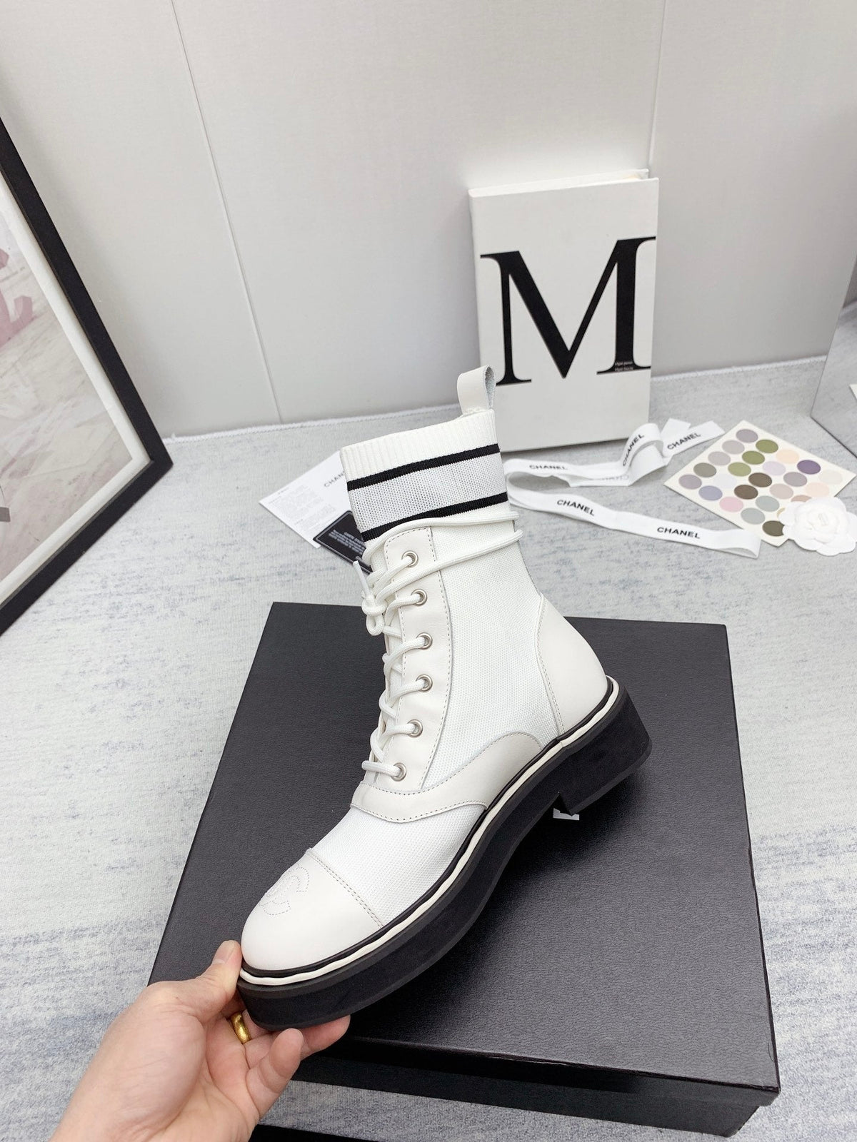 CC 26s Lace Up Combat Boots White Black Denim Calfskin 160135