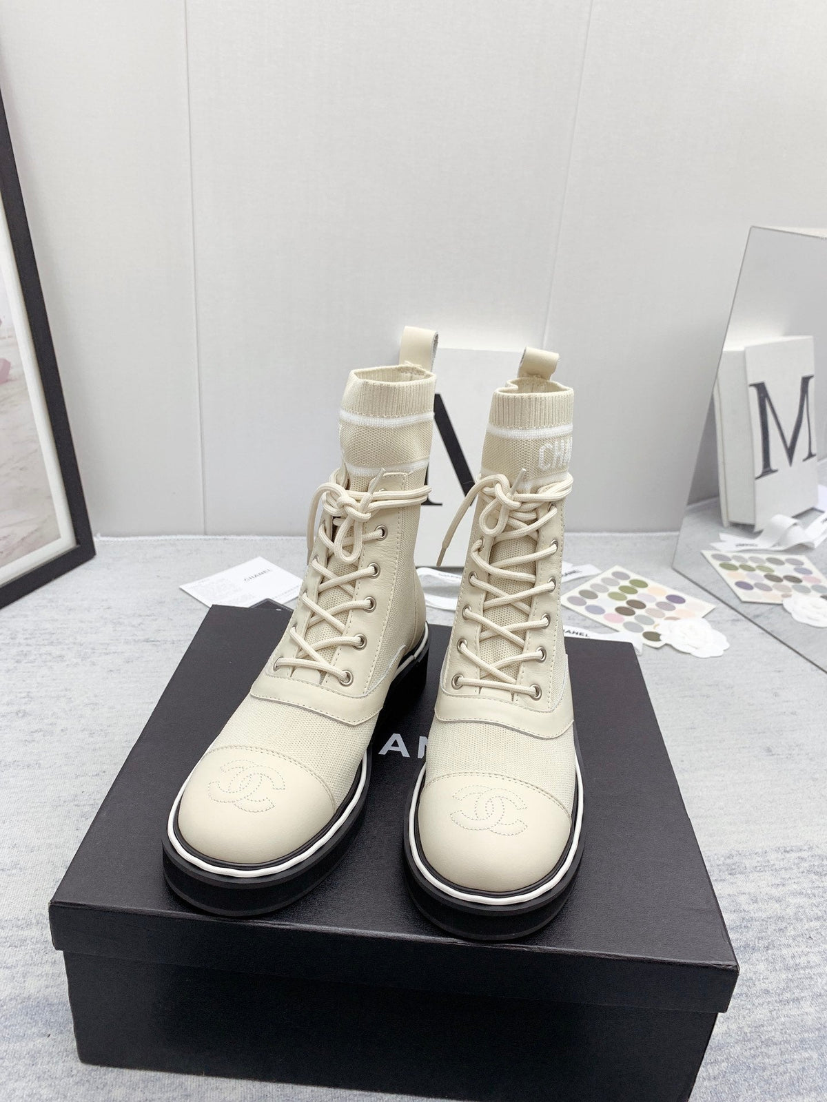 CC 26s Lace Up Combat Boots Ivory White Denim Calfskin 160138