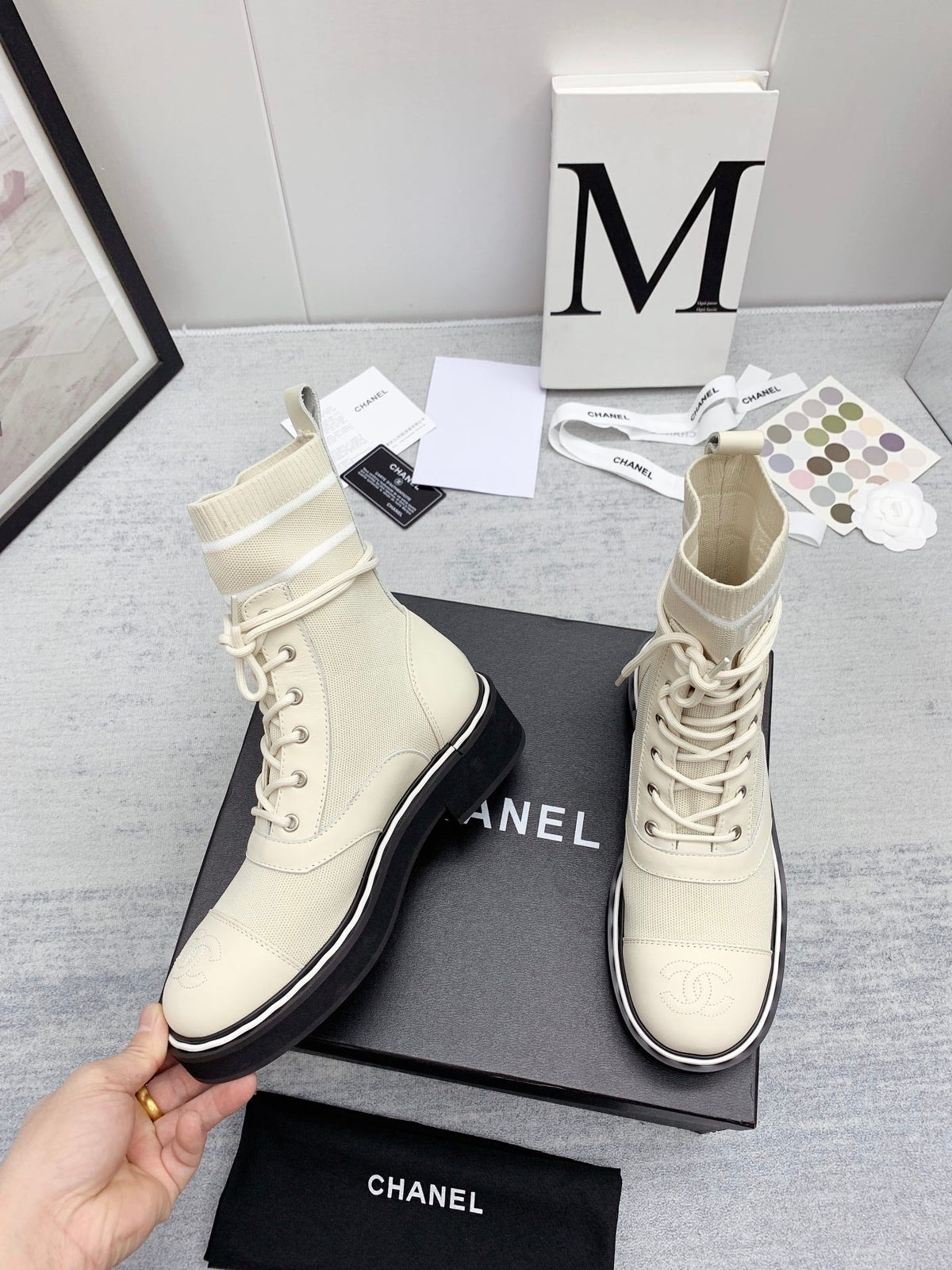 CC 26s Lace Up Combat Boots Ivory White Denim Calfskin 160138