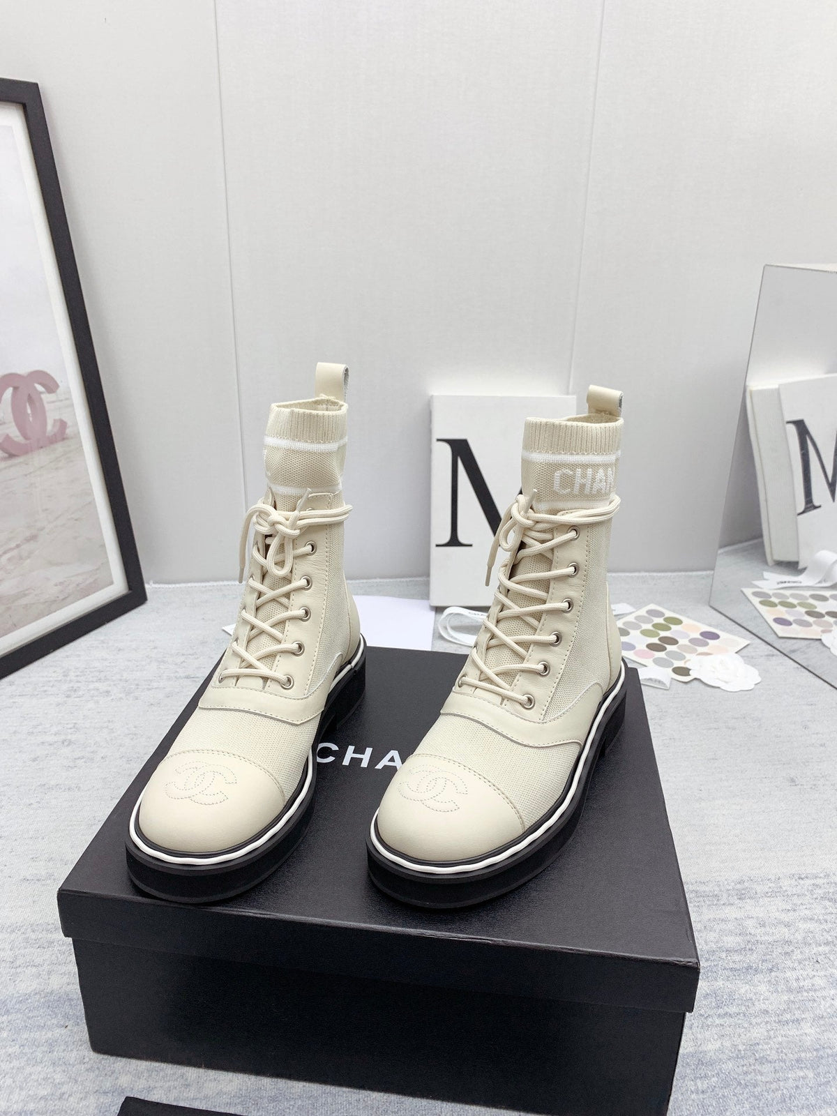 CC 26s Lace Up Combat Boots Ivory White Denim Calfskin 160138