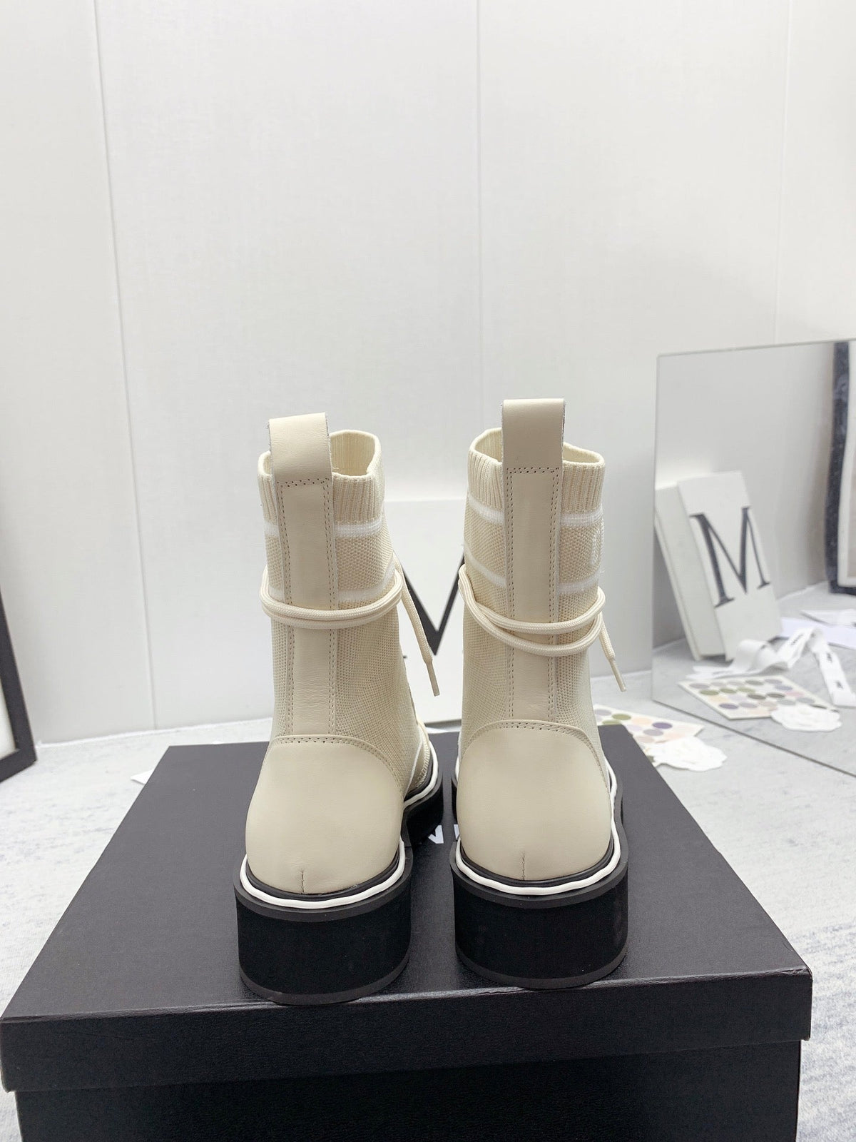 CC 26s Lace Up Combat Boots Ivory White Denim Calfskin 160138