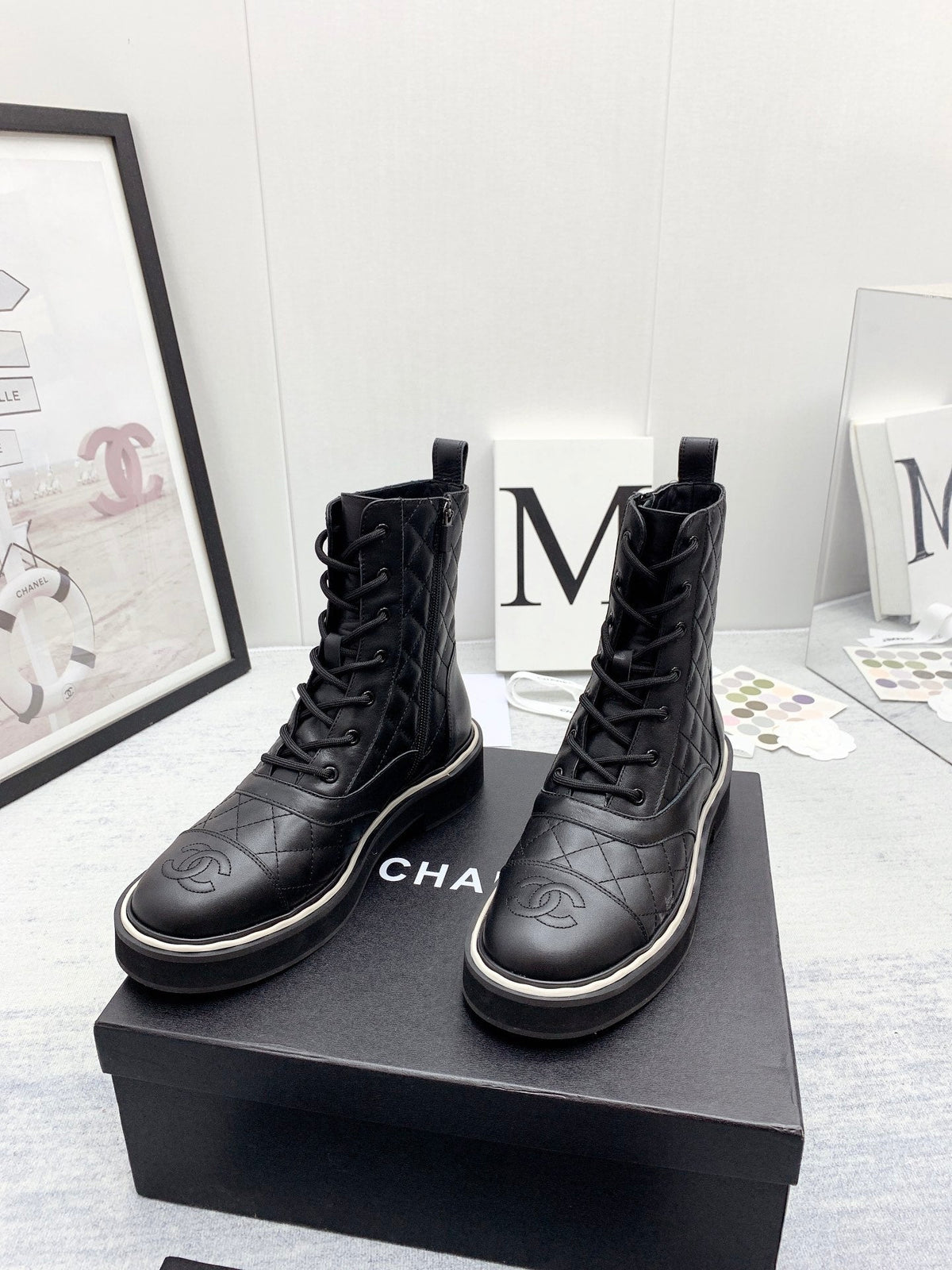 CC 26s Lace Up Combat Boots Black Quilted Leather 160141