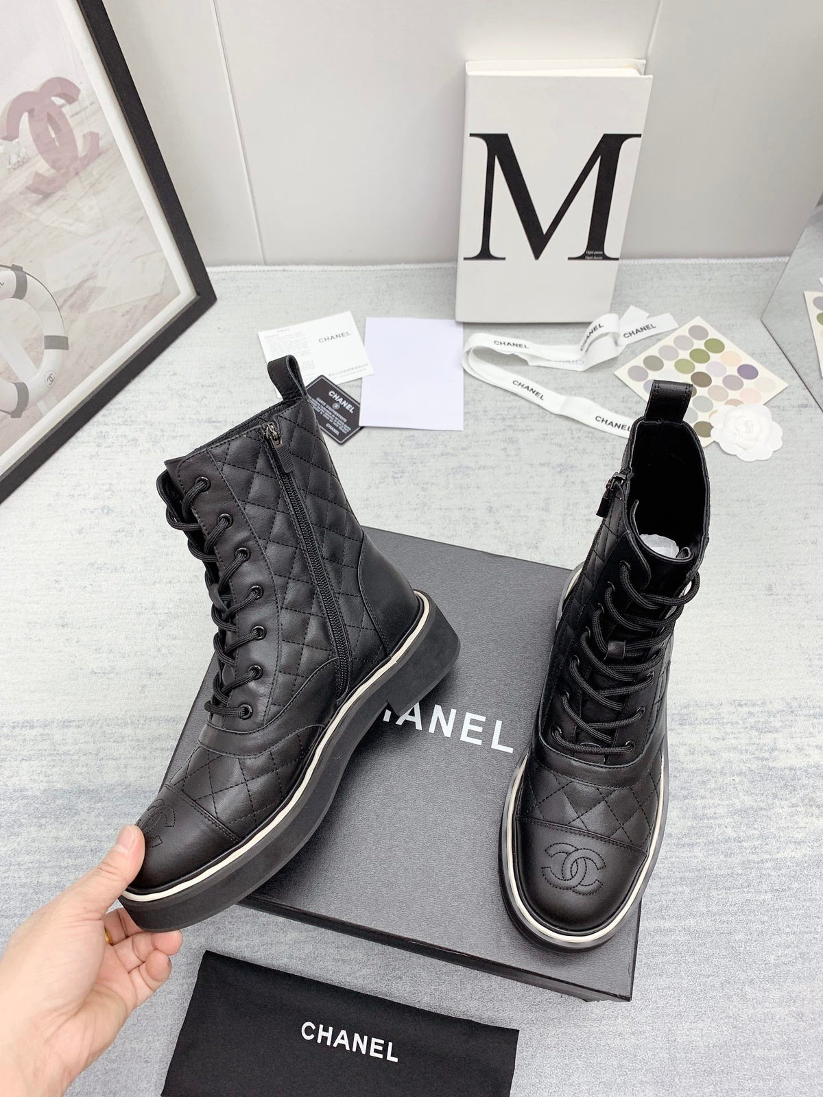 CC 26s Lace Up Combat Boots Black Quilted Leather 160141