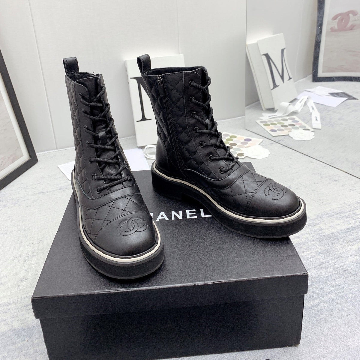 CC 26s Lace Up Combat Boots Black Quilted Leather 160141