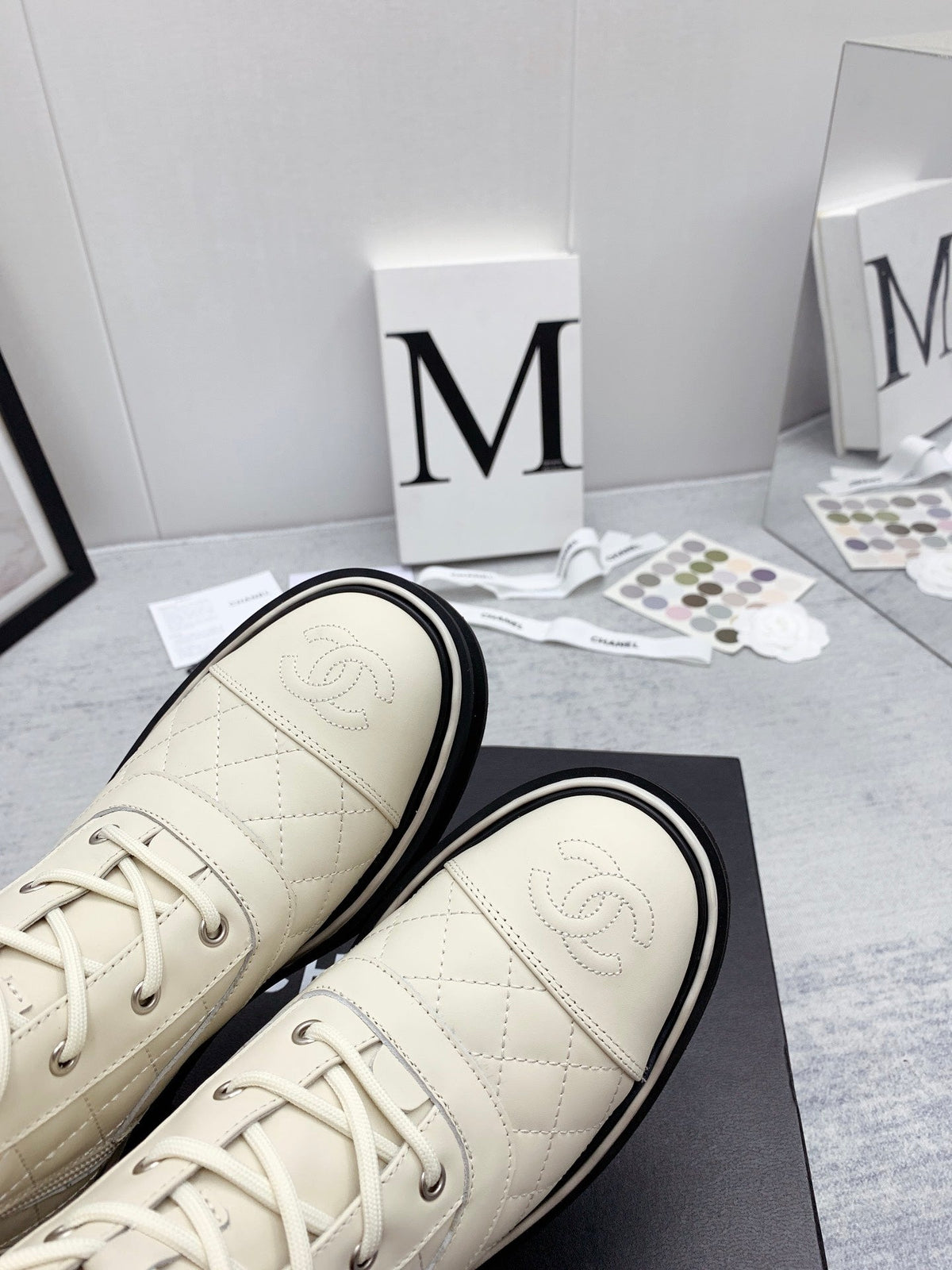 CC 26s Lace Up Combat Boots Ivory White Quilted Leather 160137