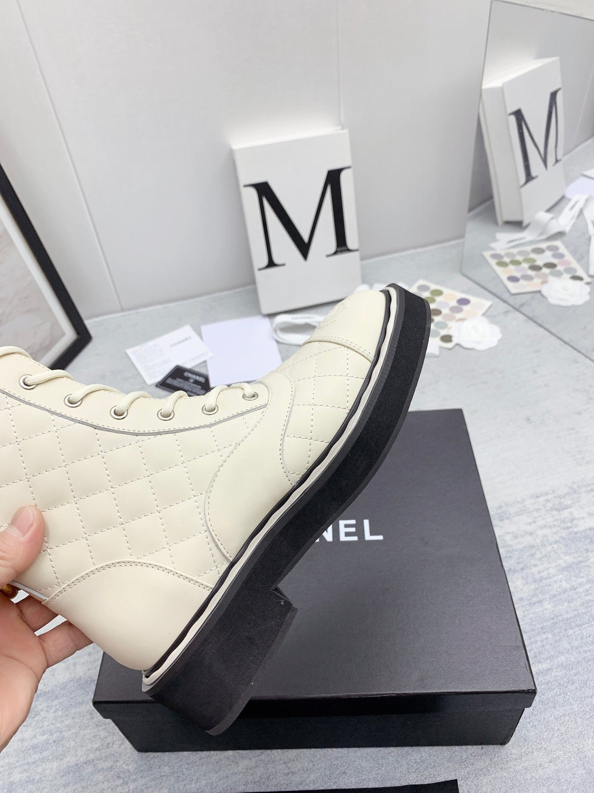 CC 26s Lace Up Combat Boots Ivory White Quilted Leather 160137