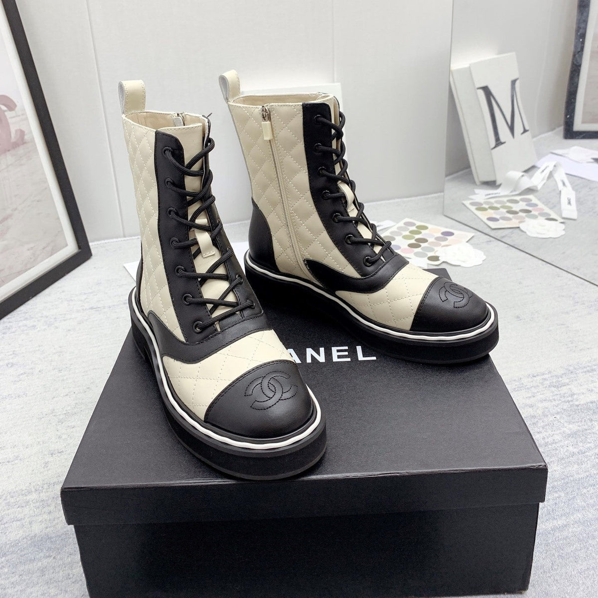 CC 26s Lace Up Combat Boots Ivory Black Quilted Leather 160140