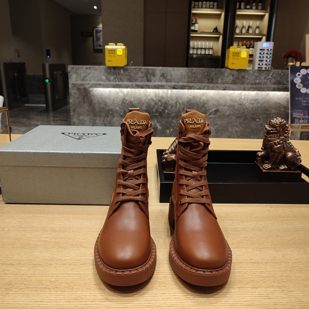 Prada 26s Combat Triangle Logo Boots 5.5cm Cognac Nylon Leather 109449