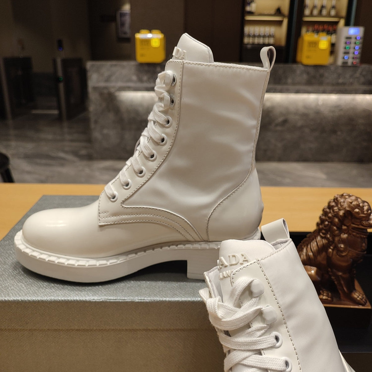 Prada 26s Combat Logo Boots 5.5cm White Patent Leather 109450