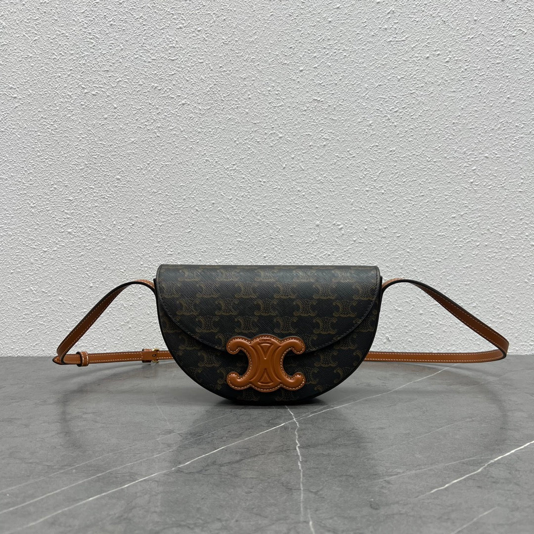 Celine Besace Cuir Bag Triomphe Black Brown Canvas & Calfskin