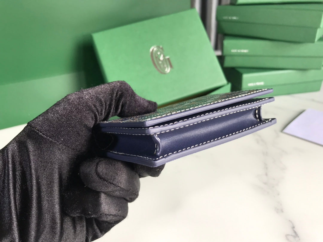 Goyard Malesherbes Card Wallet 10cm Navy Blue Canvas & Calfskin