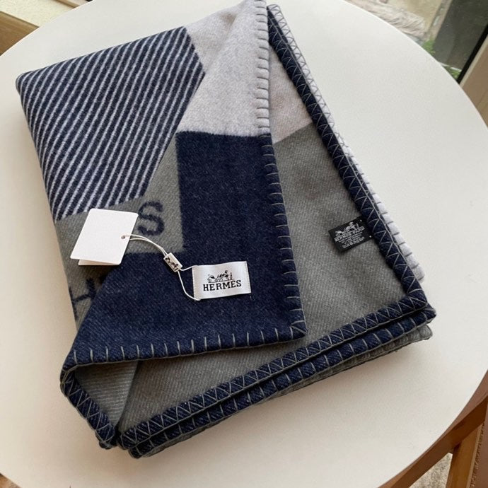 HM Riviera Blanket Blue White Wool Cashmere