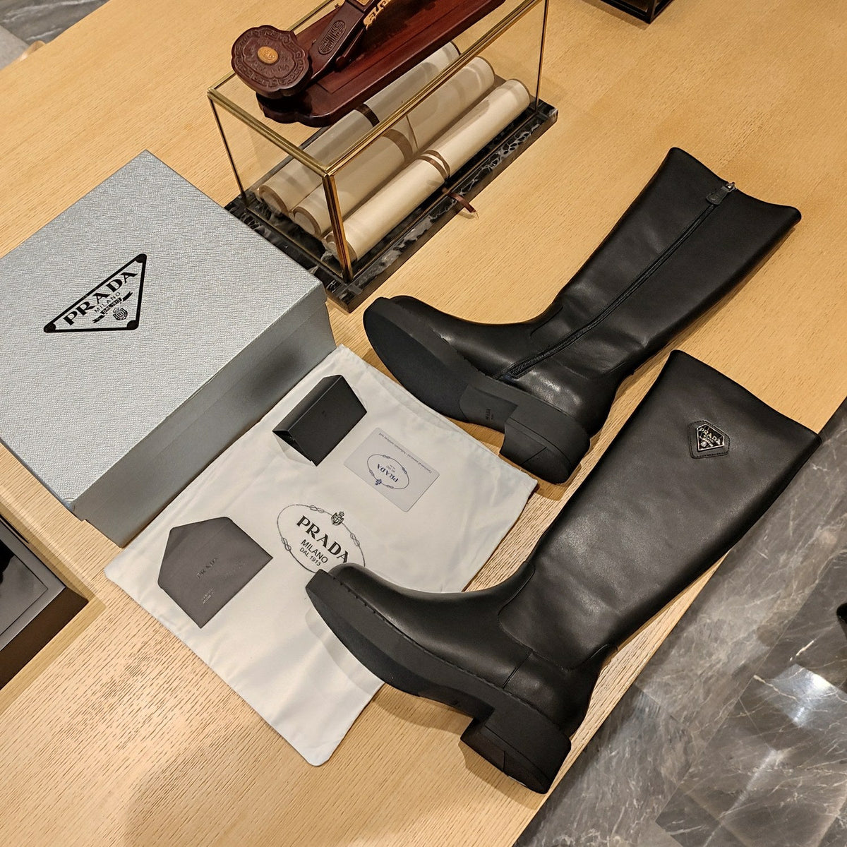 Prada 26s Knee-High Boots 5.5cm Black Smooth Triangle Logo Leather 109458