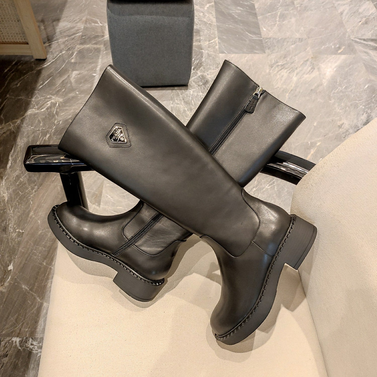 Prada 26s Knee-High Boots 5.5cm Black Smooth Triangle Logo Leather 109458