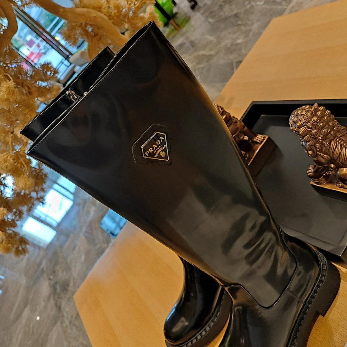 Prada 26s Knee-High Boots 5.5cm Black Patent Triangle Logo Leather 109459