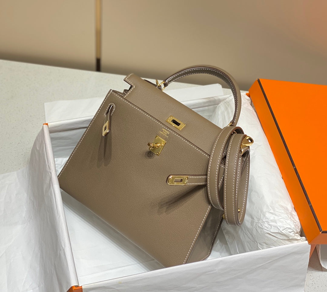 Hermes Kelly 25 Bag Etoupe Gold Epsom Leather 249823