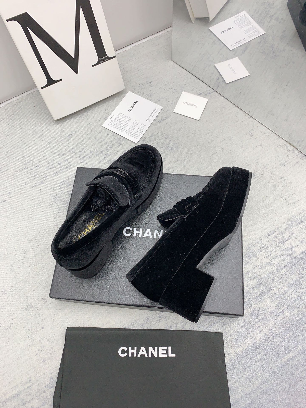 CC 2026 Logo Chunky Platform Loafers Black Velvet 161817