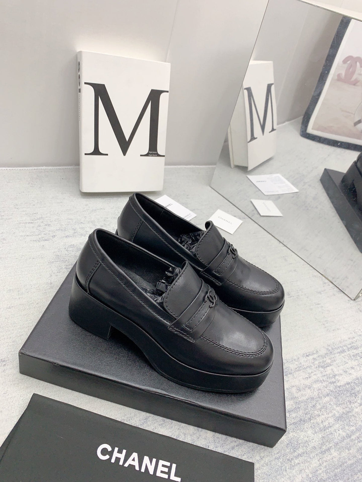 CC 2026 Logo Chunky Platform Loafers Black Leather 161816